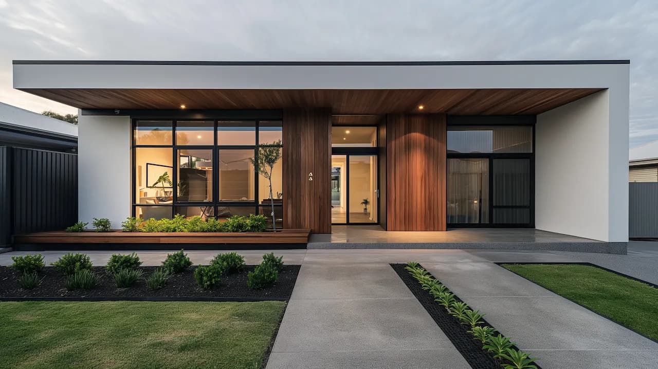 Modern single-story home with timber facade, large black-framed windows, and minimalist landscaping at sunset