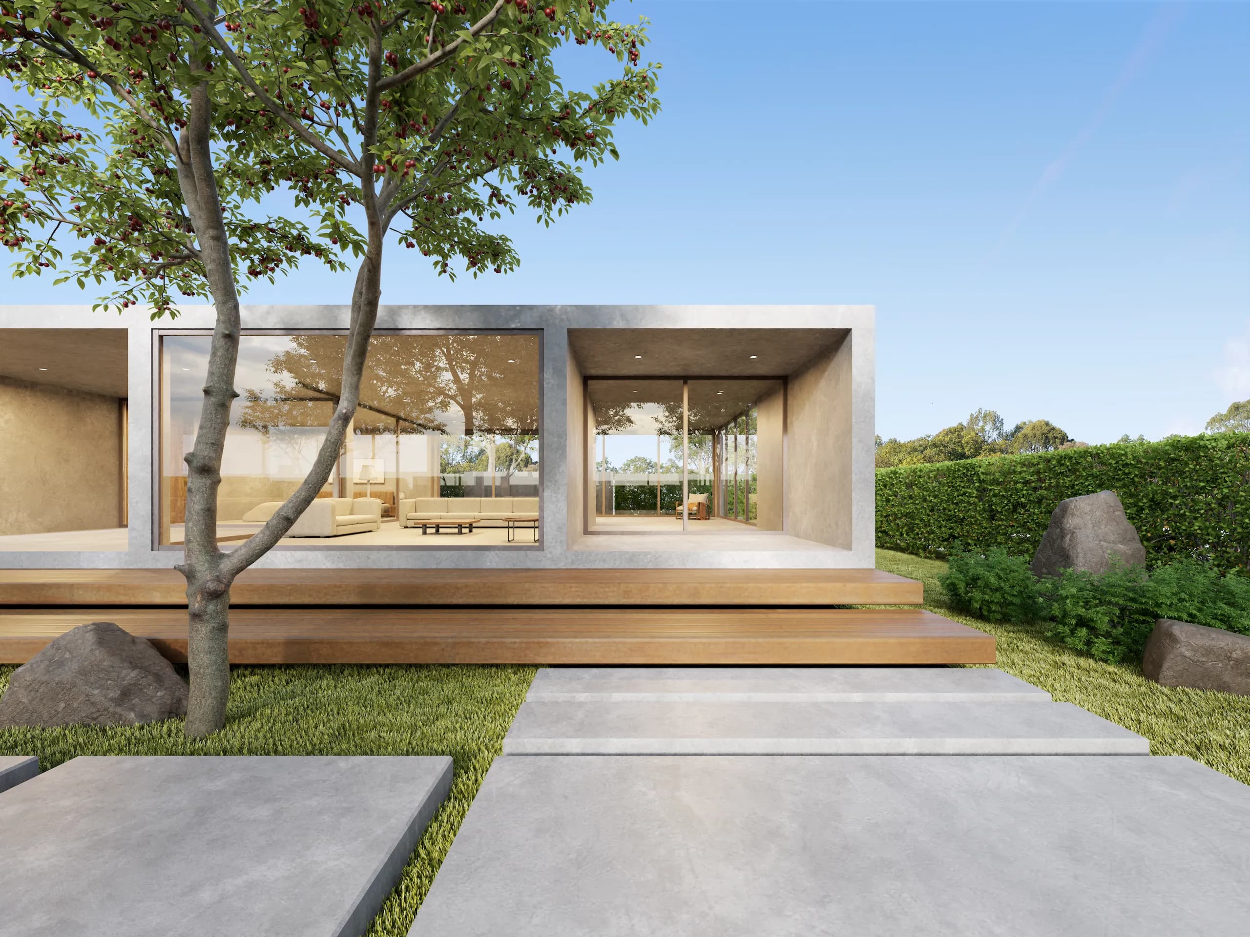 Modern minimalist concrete house with large floor-to-ceiling windows and landscaped entry with stepping stones