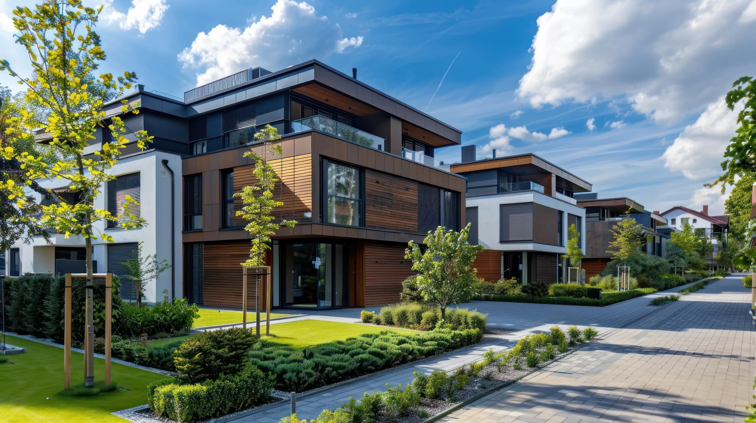Contemporary row of modern townhouses featuring wood cladding, glass balconies, and landscaped greenery along a paved residential street