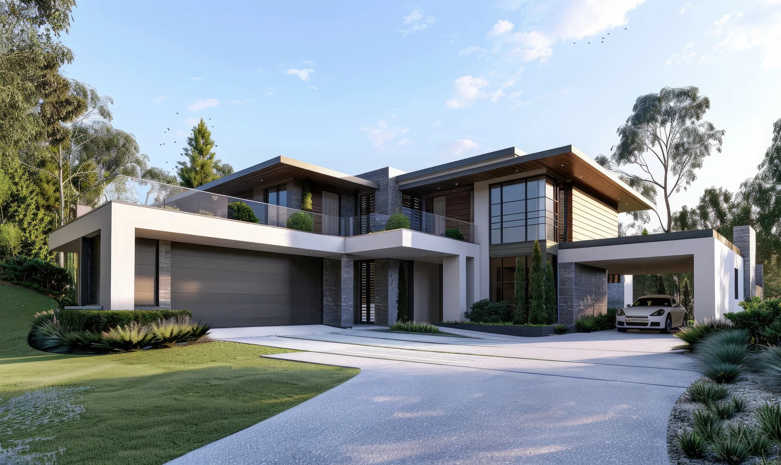 Modern two-story luxury home with large windows, flat roof design, and driveway surrounded by landscaped garden
